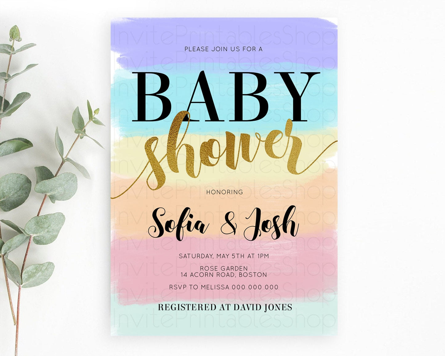 Pastel Baby Shower Invitation Rainbow Baby Shower Invitation Colorful Pastel Watercolor Invitation Gold Glitter Sprinkles Ombre D10510