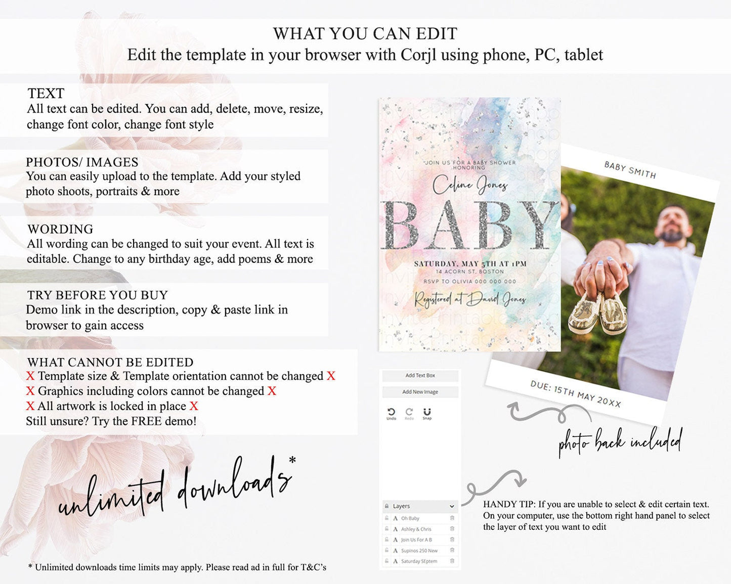 Pastel Rainbow Baby Shower Invitation, Colorful Watercolor Splash with Silver Confetti Sprinkles, Ombre Effect - Pink blue yellow D10945