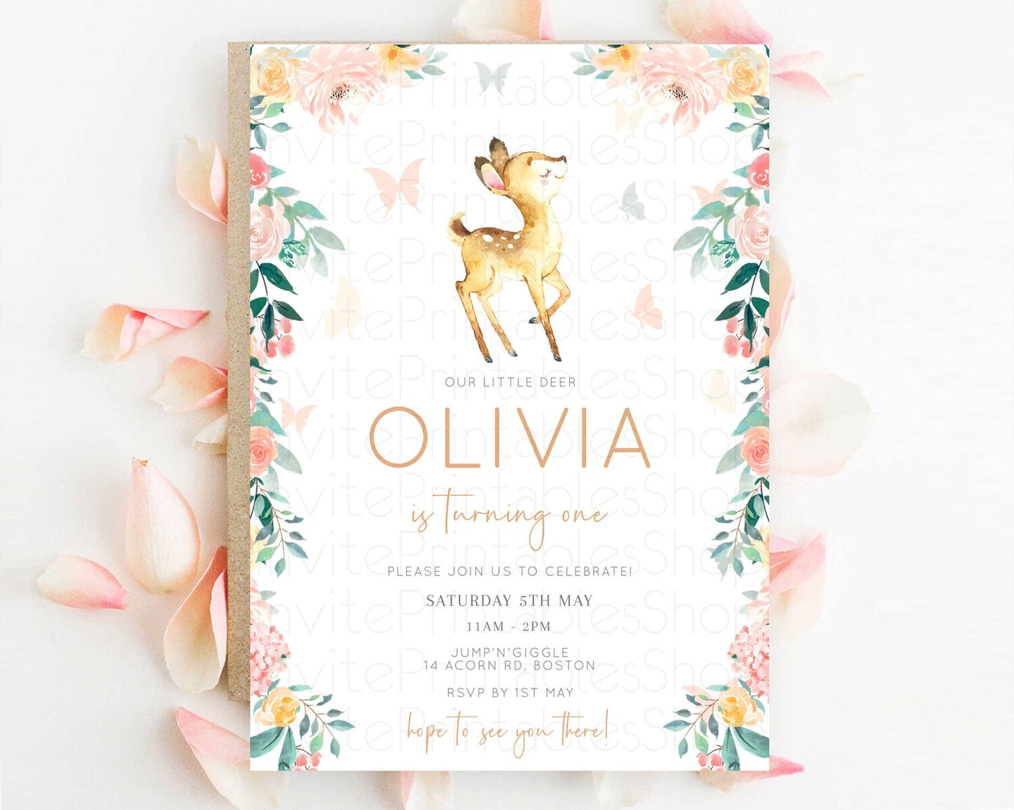 Fawn Birthday Invitation Deer Birthday Invitation Enchanted Forest Party Butterfly Pastel Flowers Whimsical 2nd 1st First Birthday D10753