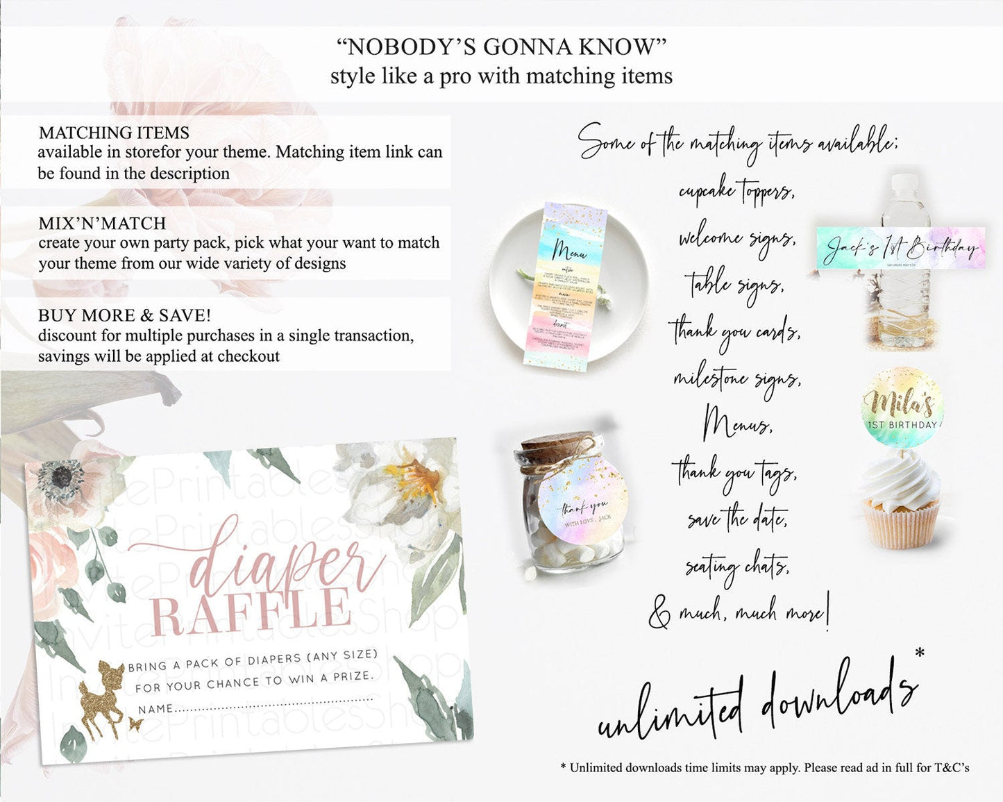 Fawn Diaper Raffle Card Deer Diaper Insert Floral Deer Diaper Ticket Enchanted Forest Butterfly Pastel Baby Shower Raffle Game D10120