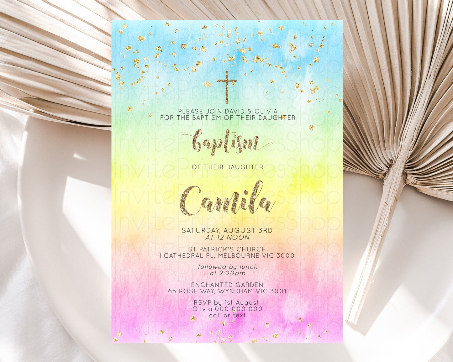 Pastel Baptism Invitation Pastel Colors Watercolor Baptism 1st Birthday Party Gold Ombre Pastel Rainbow Christening Holy Communion D10479