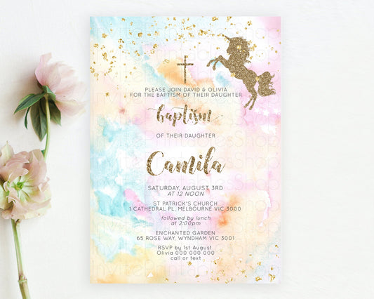 Unicorn Rainbow Baptism Invitation Pastel Baptism Birthday Invitation Magical Ombre Christening Invite Colorful Watercolor Glitter D10548