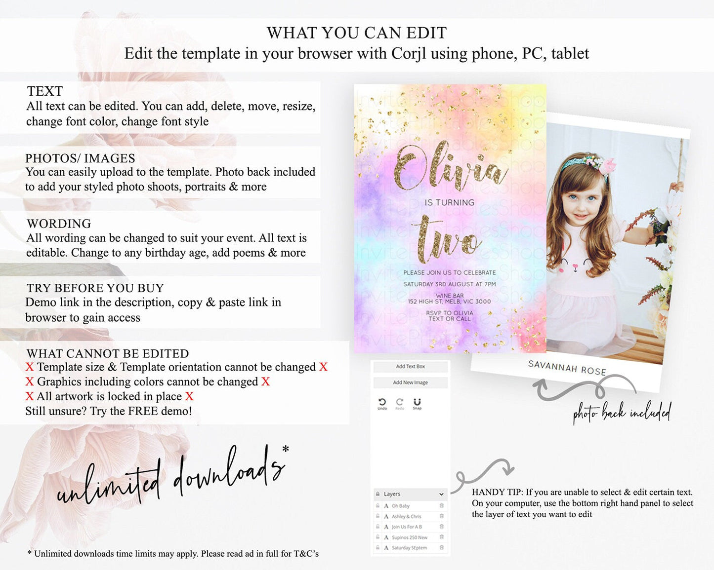 Rainbow Birthday Invitation Colorful Pastel Watercolor Invitation Gold Glitter Sprinkles Ombre Pastel 1st 2nd 3rd Birthday D10435
