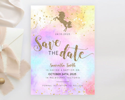 Editable Unicorn Rainbow Save The Date Template Pastel Unicorn Party Magical