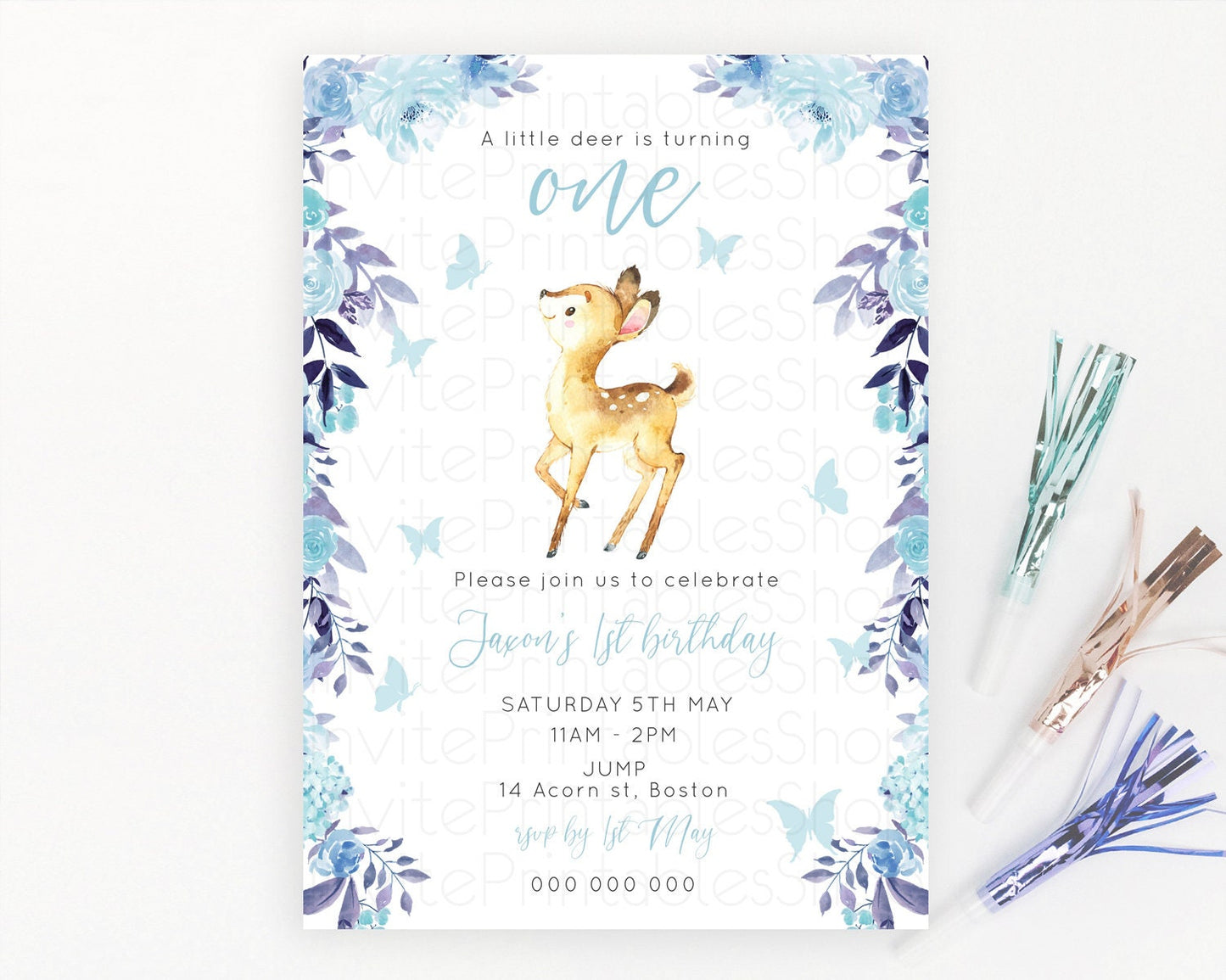 Fawn Birthday Invitation Deer Birthday Invitation Enchanted Forest Party Butterfly Pastel Flowers Whimsical 2nd 1st First Birthday D10917