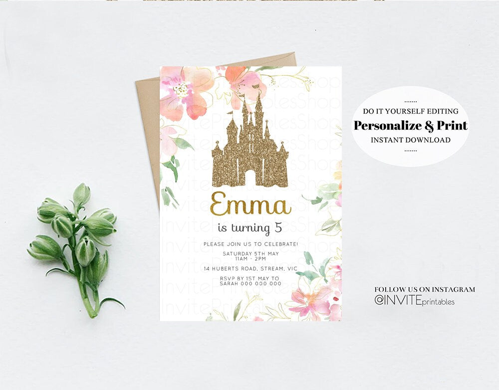 Princess Birthday Invitation Royal Castle Gold Glitter Enchanted Castle Floral Garden Pastel Pink Printable Editable Invite