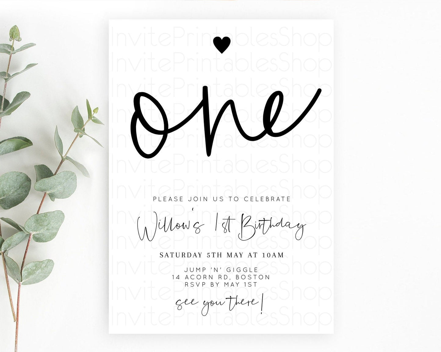 Minimalist Birthday Invitation White Black Invitation Minimalist Pastel Invitation Plain Invites Modern Simple 1st First  Birthday D11013