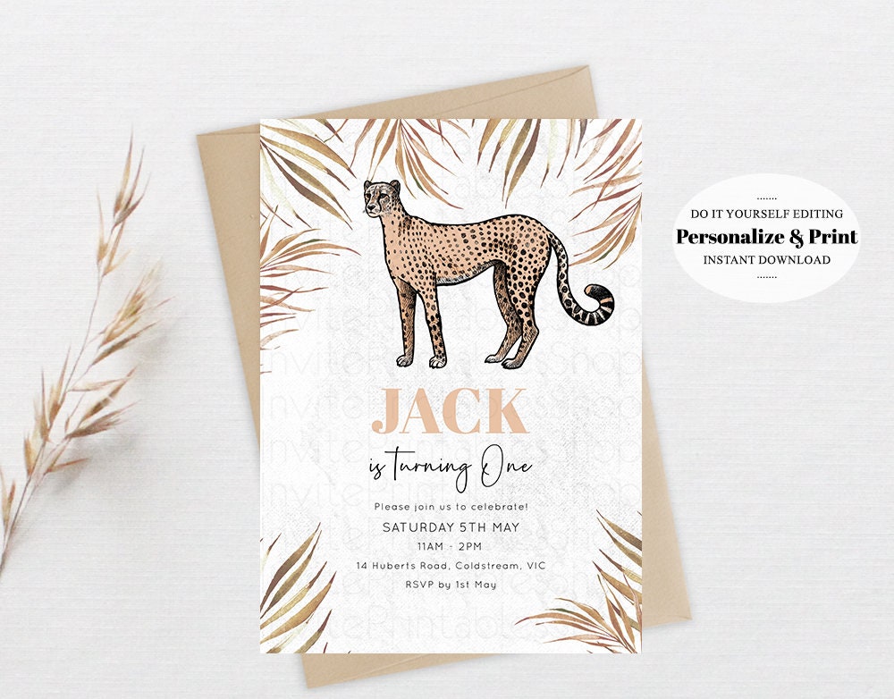 Cheetah Birthday Invitation Cheetah Invite Dried Tropical Palms Leaf Jungle Safari Adventure Zoo Party Wild Party Animal Custom Editable 287