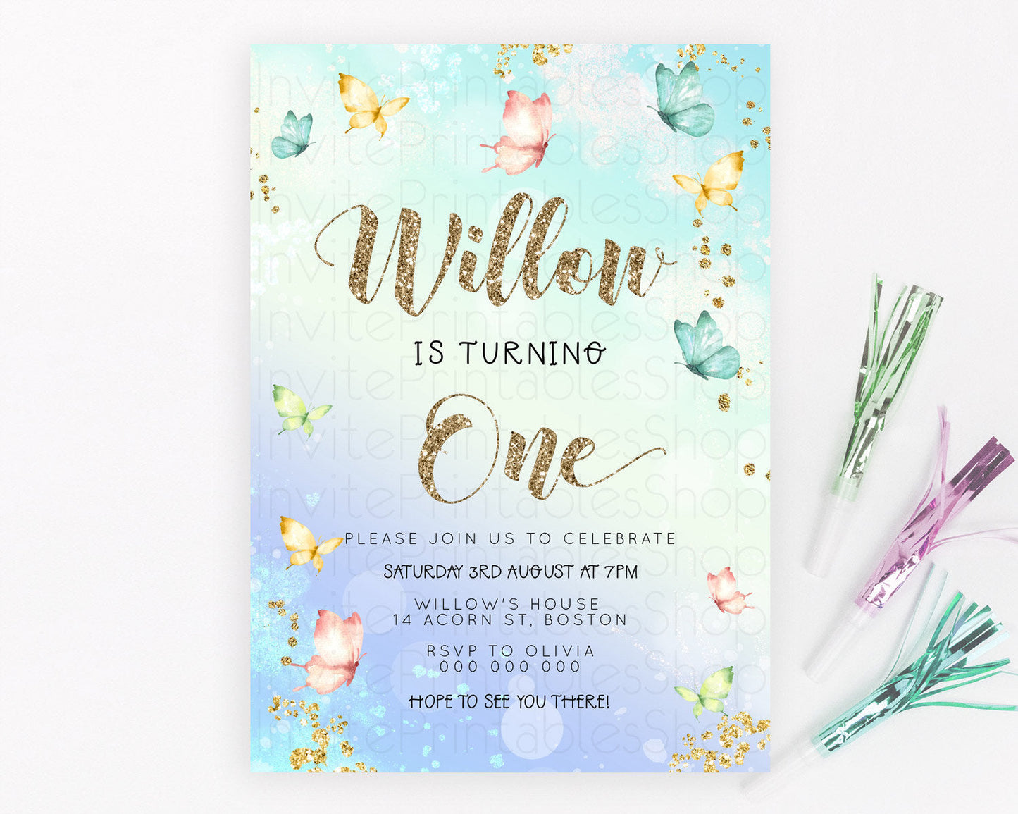 Pastel Butterfly Birthday Invitation Butterfly Birthday Invitation Colorful Splash Glitter Butterfly Garden 1st 2nd Birthday D23081