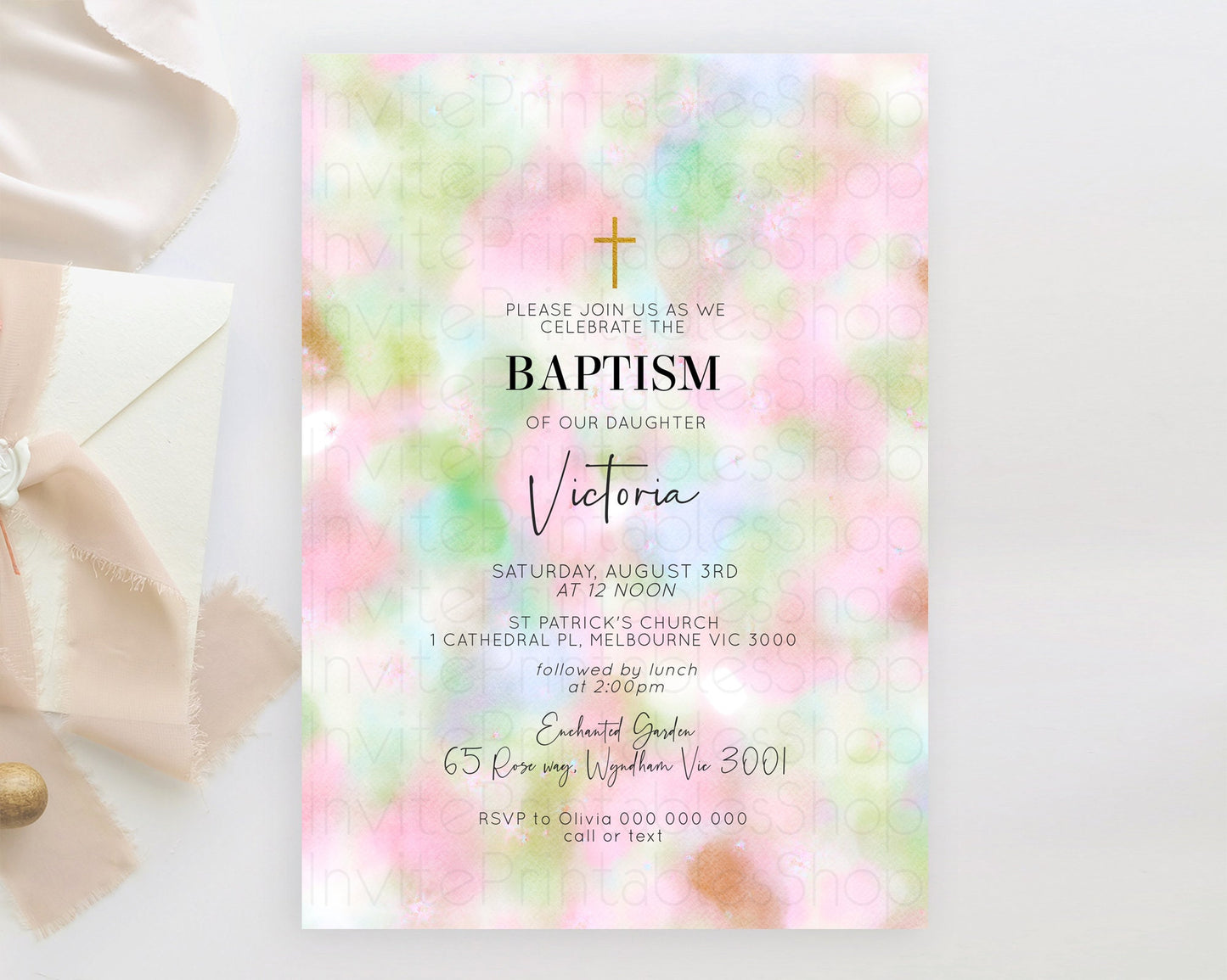 Pastel Baptism Invitation Pastel Colors Watercolor Baptism 1st Birthday Party Gold Ombre Pastel Rainbow Christening Holy Communion D10698