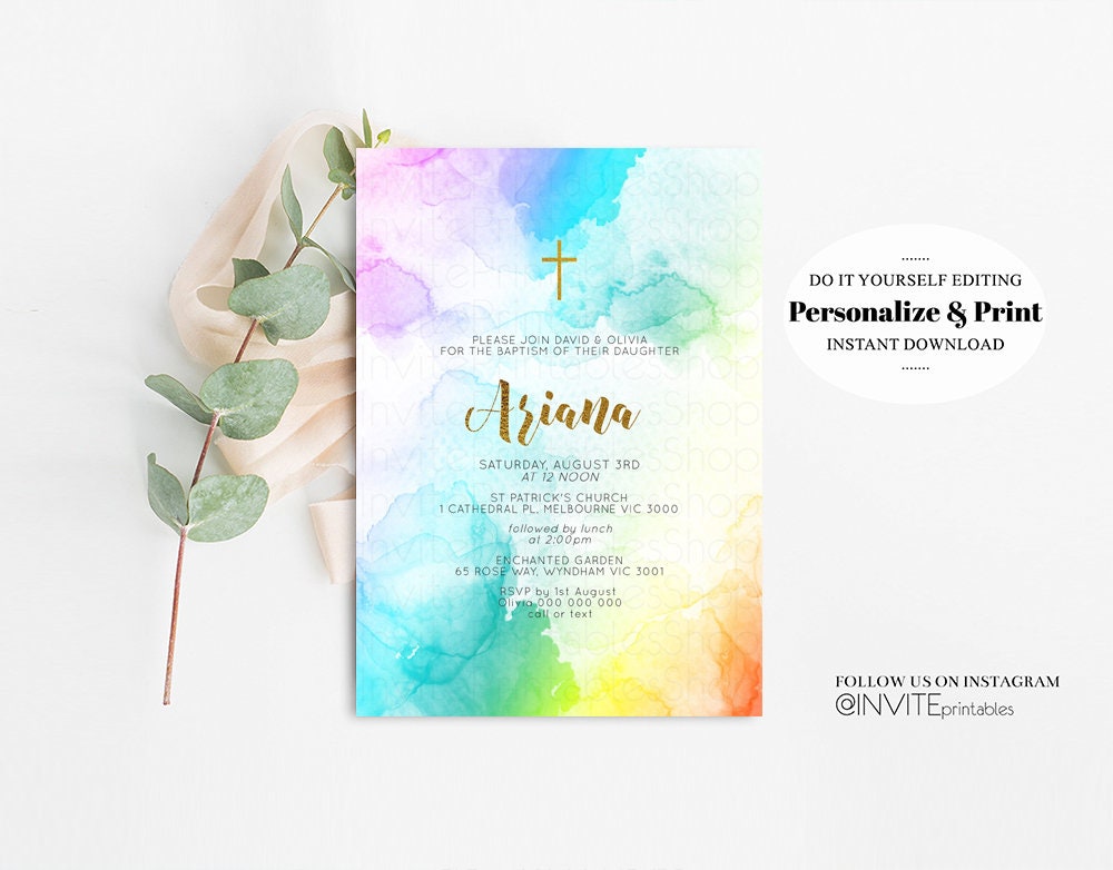 Rainbow Baptism Invitation Pastel Watercolor Christening Invitation Vibrant Colorful Splash Gold Foil Multi Color Communion Orthodox Cross