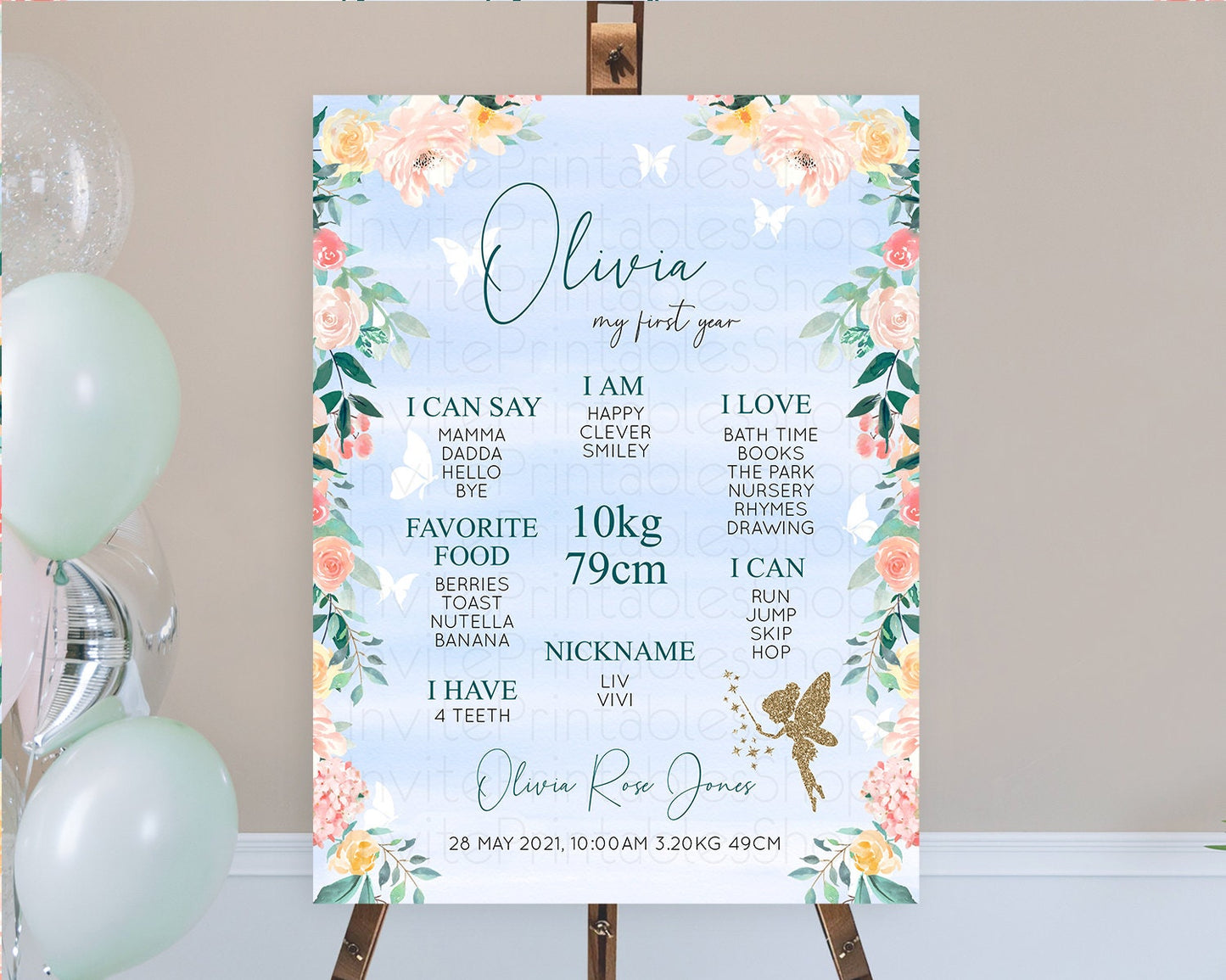 Fairy First Birthday Milestone Poster Fairy Secret Garden Milestone Board Enchanted Garden Pastel Floral Butterfly 1st Birthday Sign D10794