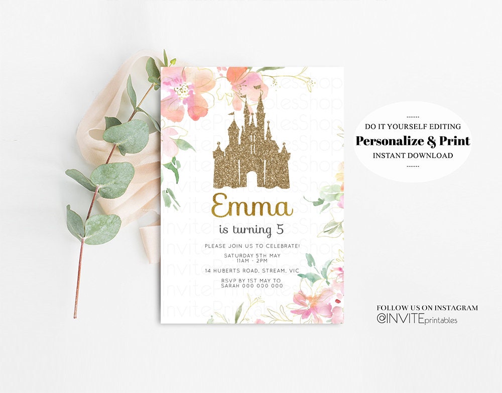 Princess Birthday Invitation Royal Castle Gold Glitter Enchanted Castle Floral Garden Pastel Pink Printable Editable Invite