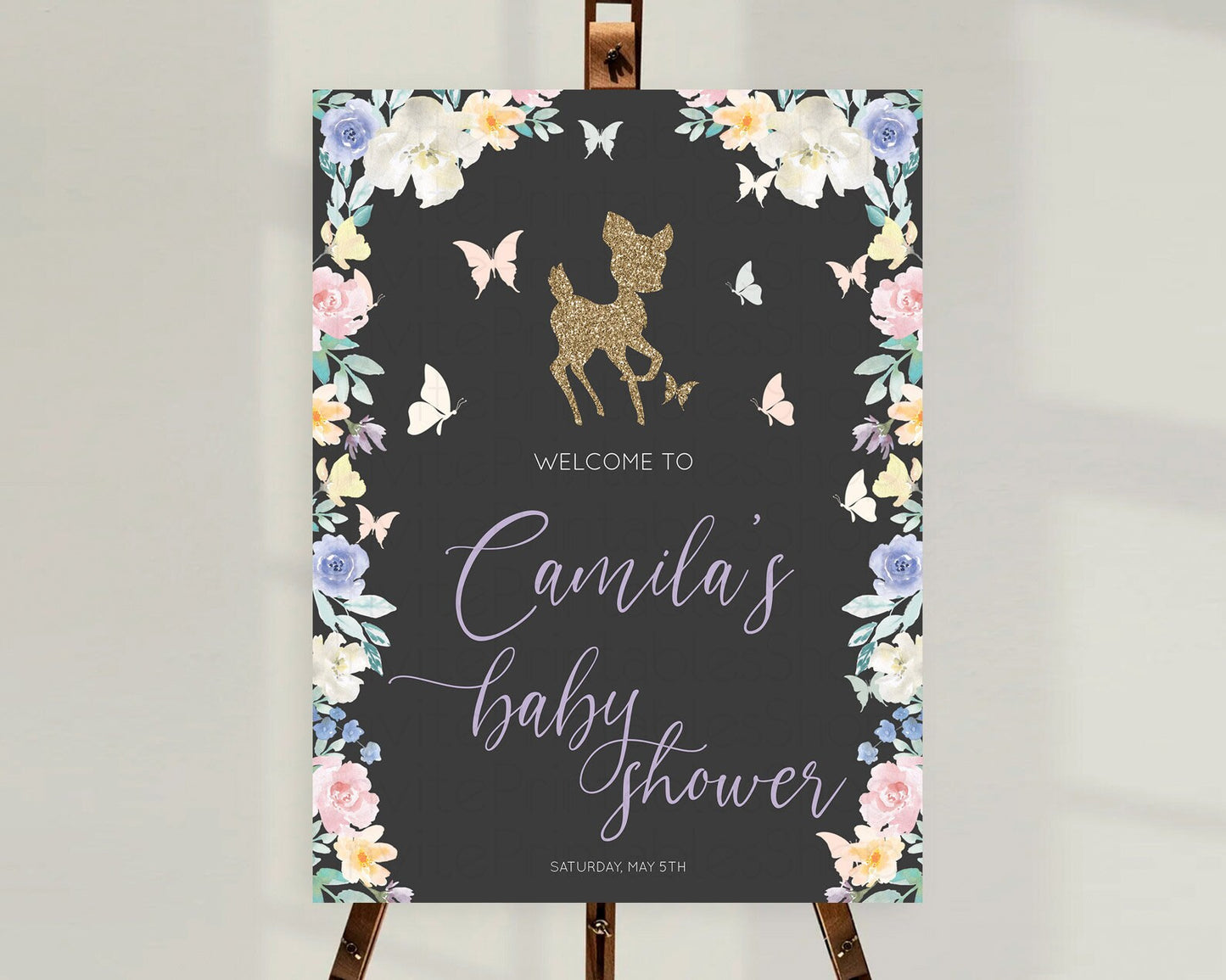 Fawn Baby Shower Welcome Sign Deer Welcome Board Floral Deer Welcome Poster Enchanted Forest Butterfly Pastel Floral Welcome Sign D10323