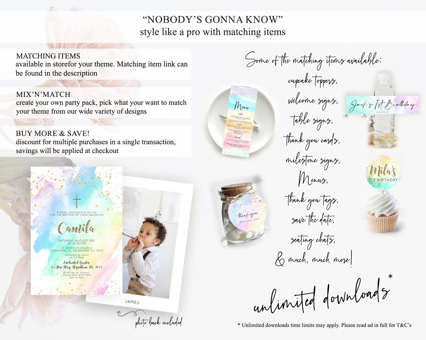 Pastel Baptism Invitation Pastel Colors Watercolor Baptism 1st Birthday Party Gold Ombre Pastel Rainbow Christening Holy Communion D10637