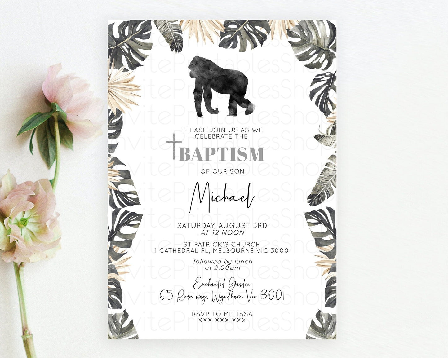 Gorilla Baptism Invitation Gorilla Baptism 1st Birthday Invitation Gorilla Jungle Adventure Christening Invitation Wild Zoo Theme D10804