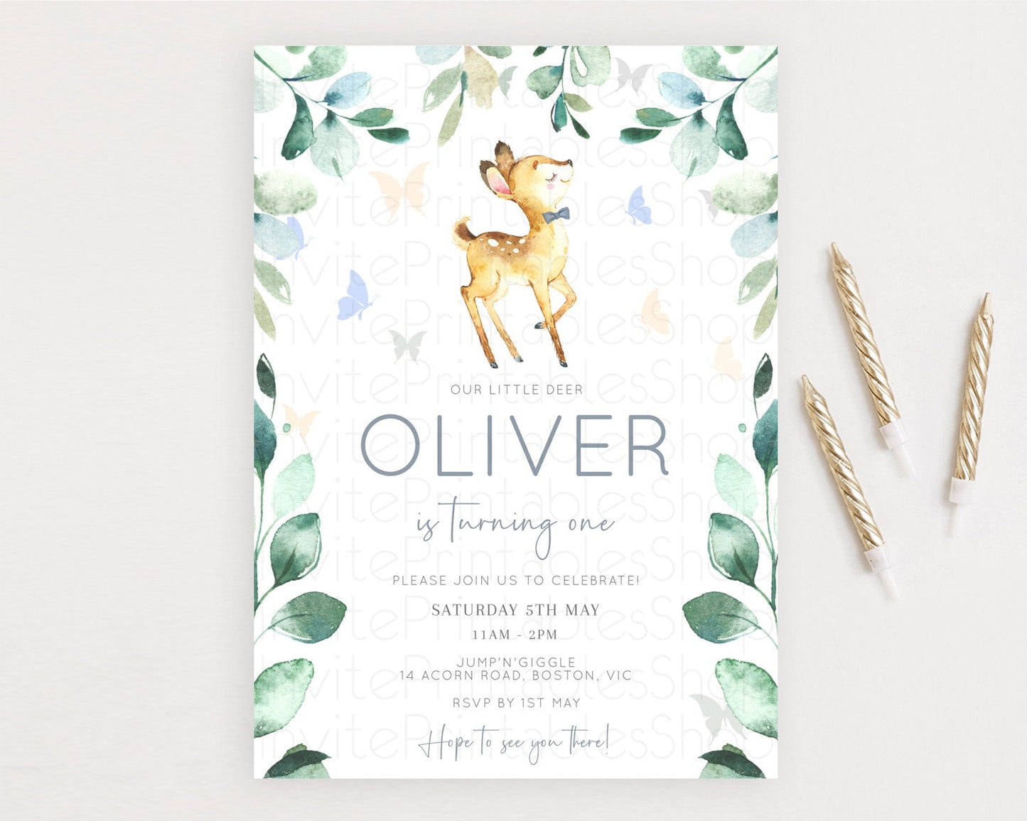 Fawn Birthday Invitation Deer Birthday Invitation Enchanted Forest Party Butterfly Pastel Flowers Whimsical 2nd 1st First Birthday D10767