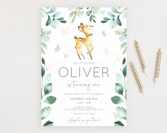 Fawn Birthday Invitation Deer Birthday Invitation Enchanted Forest Party Butterfly Pastel Flowers Whimsical 2nd 1st First Birthday D10767