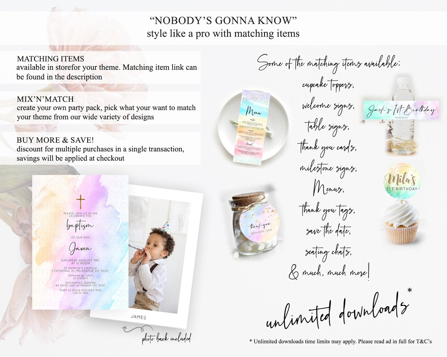 Pastel Baptism Invitation Pastel Colors Watercolor Baptism 1st Birthday Party Gold Ombre Pastel Rainbow Christening Holy Communion D10177