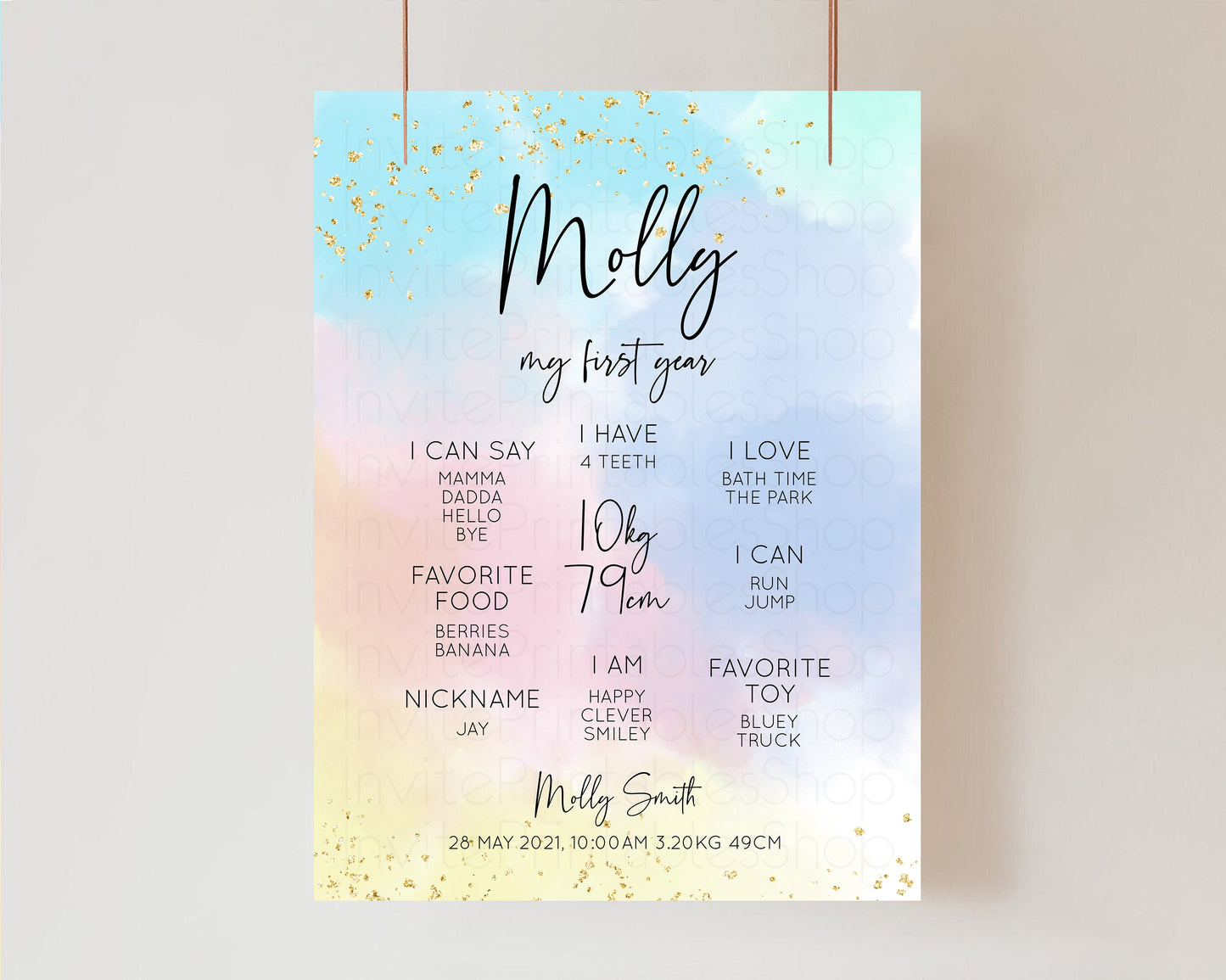 Pastel First Birthday Milestone Board Pastel Rainbow Milestone Poster Watercolor Glitter One Year Poster Colorful Splash Baby 1st Year 446