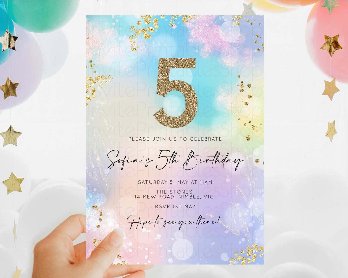 Rainbow Birthday Invitation Colorful Pastel Watercolor Invitation Gold Glitter Sprinkles Ombre Pastel 1st 2nd 3rd Birthday D10675