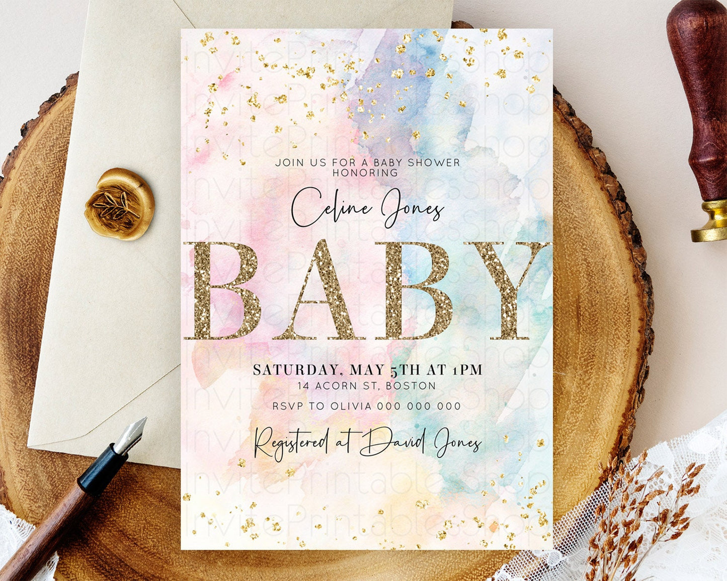 Pastel Baby Shower Invitation Rainbow Baby Shower Invitation Colorful Pastel Watercolor Invitation Gold Glitter Sprinkles Ombre D10263