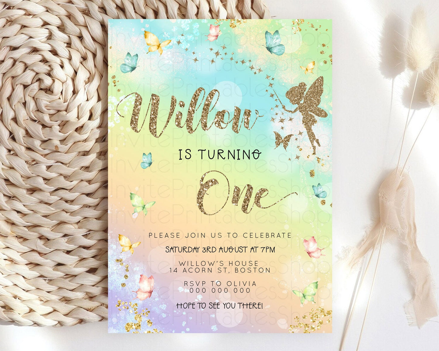 Pastel Fairy Birthday Invitation Pastel Butterflies Fairy Birthday Invitation Rainbow Ombre Watercolor 1st 2nd Birthday Invitation D23154