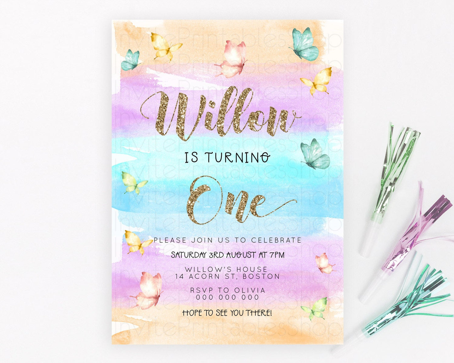 Pastel Butterfly Birthday Invitation Butterfly Birthday Invitation Colorful Splash Glitter Butterfly Garden 1st 2nd Birthday D23225