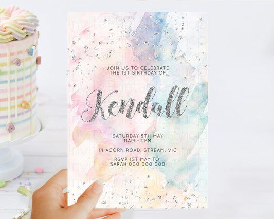 Editable Rainbow Birthday Invitation Colorful Pastel Watercolor Silver Glitt