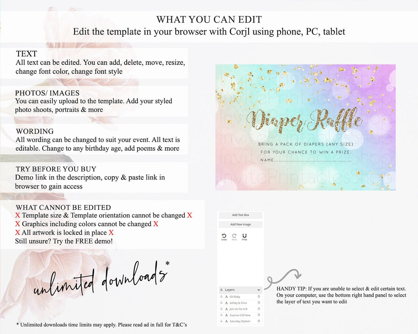 Pastel Diaper Raffle Card Pastel Rainbow Diaper Raffle Insert Colorful Ombre Watercolor Diaper Ticket Confetti Glitter Raffle Game D10621