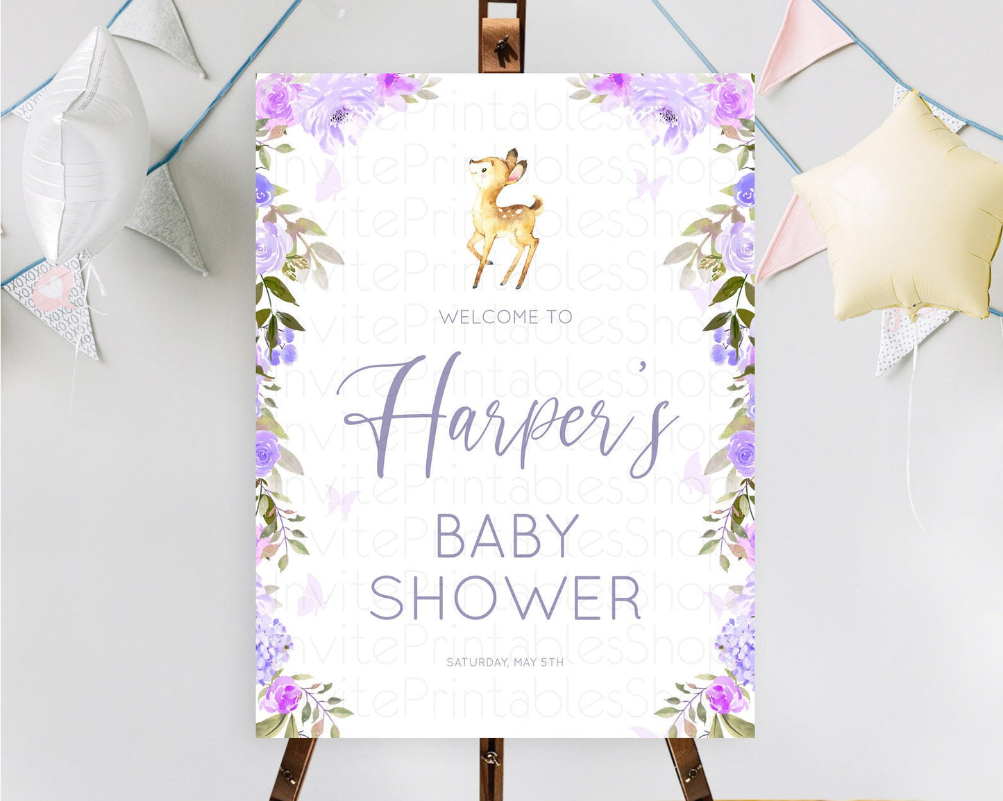 Editable Fawn Baby Shower Welcome Sign Deer Welcome Board Floral Deer Welcom