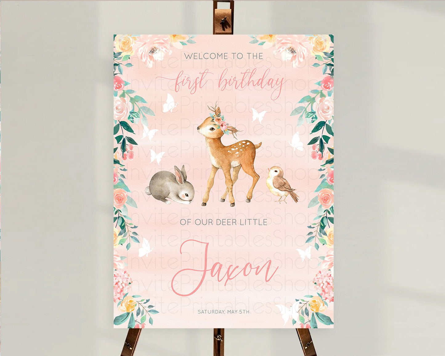 Fawn Welcome Sign Deer Welcome Board Floral Deer Welcome Poster Enchanted Forest Butterfly Pastel Floral First Birthday Welcome Sign D10921