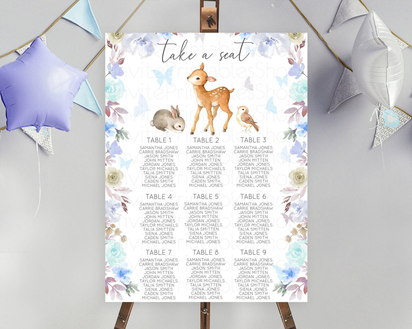 Fawn Seating Chart Deer Seating Chart Enchanted Forest Party Butterfly Pastel Flowers Whimsical Seating Chart Woodland Seating Sign D10929