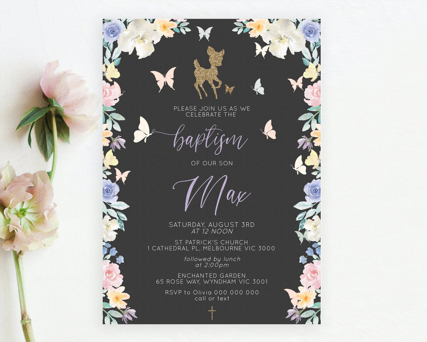 Fawn Baptism Invitation Deer Baptism 1st Birthday Invitation Enchanted Forest Christening Invitation Pastel Garden Butterfly Floral D10323