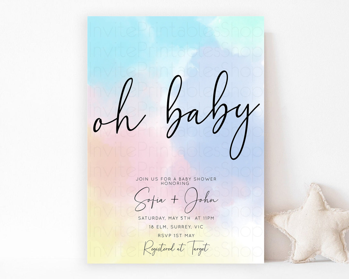 Pastel Rainbow Baby Shower Invitation Colorful Watercolor Invite Ink Splash Blue Yellow Pink Purple Gender Neutral 446
