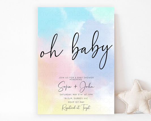 Pastel Rainbow Baby Shower Invitation Colorful Watercolor Invite Ink Splash Blue Yellow Pink Purple Gender Neutral 446