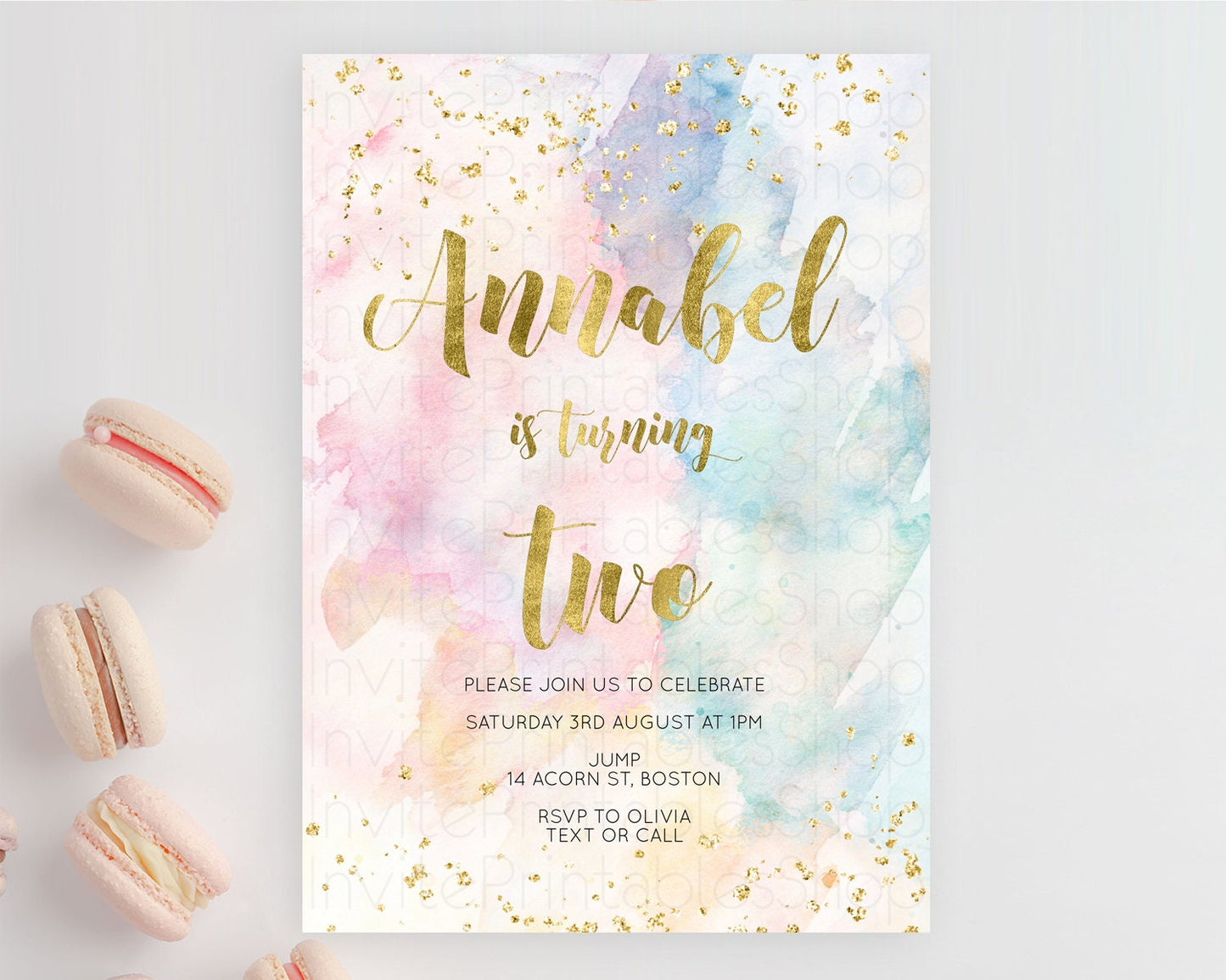 Rainbow Birthday Invitation Colorful Pastel Watercolor Invitation Gold Glitter Sprinkles Ombre Pastel 1st 2nd 3rd Birthday D10265