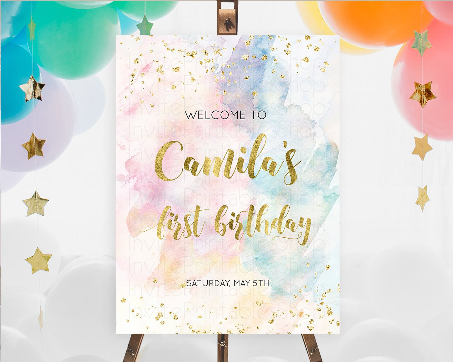 Pastel Welcome Sign Pastel Rainbow Welcome Sign Colorful Rainbow Confetti Watercolor Glitter Pastel First Birthday Welcome Sign D10265