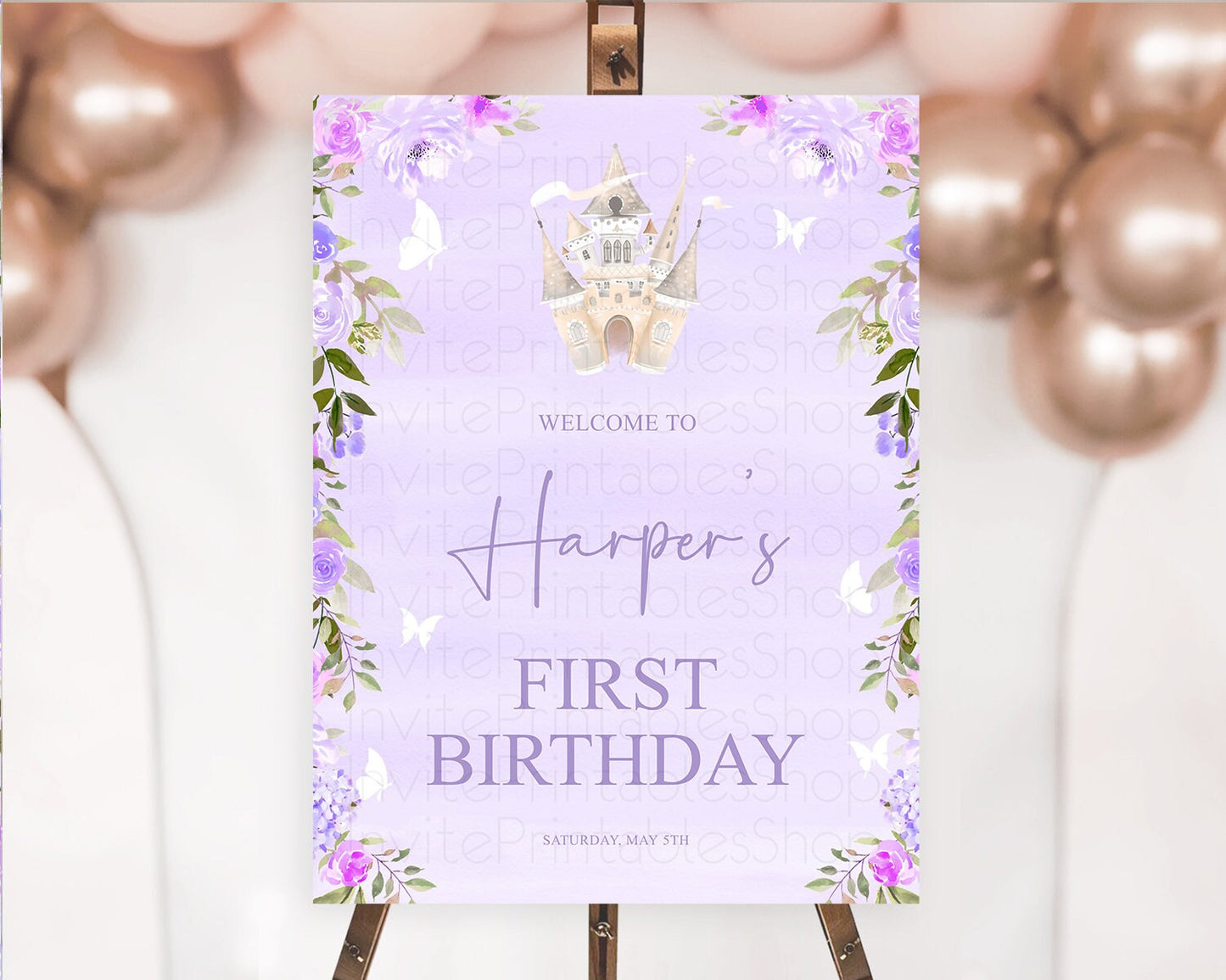 Princess Birthday Welcome Sign Castle Welcome Board Secret Garden Enchanted Castle Pastel Floral Garden First Birthday Welcome Sign D10339