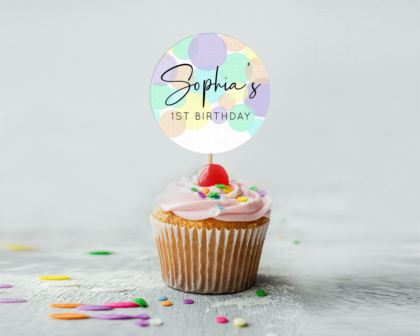 Pastel Cupcake Toppers Pastel Confetti Cupcake Topper Bubbles Sprinkles Colorful Rainbow Confetti Cupcake First Birthday Party Decor D10414