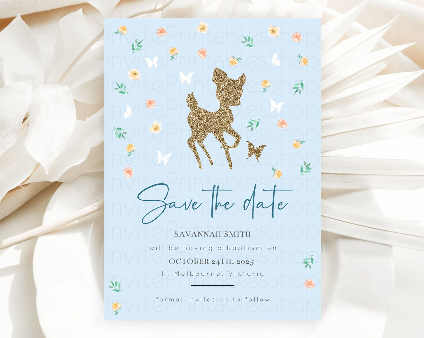 Fawn Deer Save The Date Template Pastel Floral Deer Enchanted Forest Butterfly Party 1st Birthday Baptism Baby Shower Bridal Shower D10902