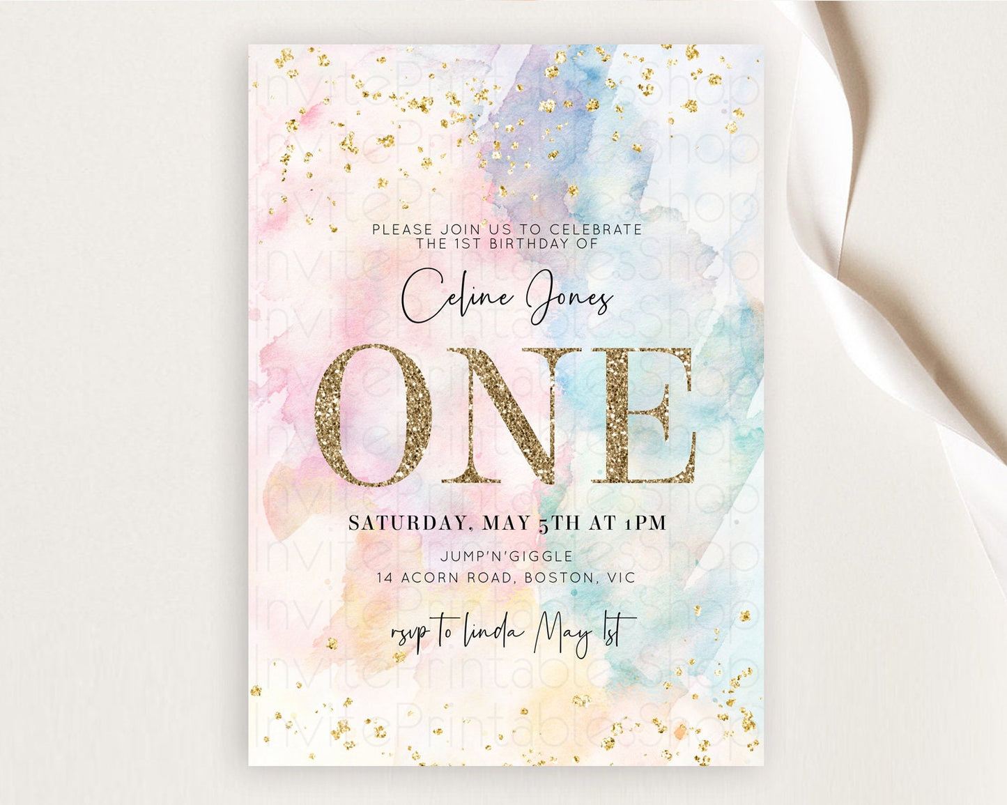 Rainbow Birthday Invitation Colorful Pastel Watercolor Invitation Gold Glitter Sprinkles Ombre Pastel 1st 2nd 3rd Birthday D10263