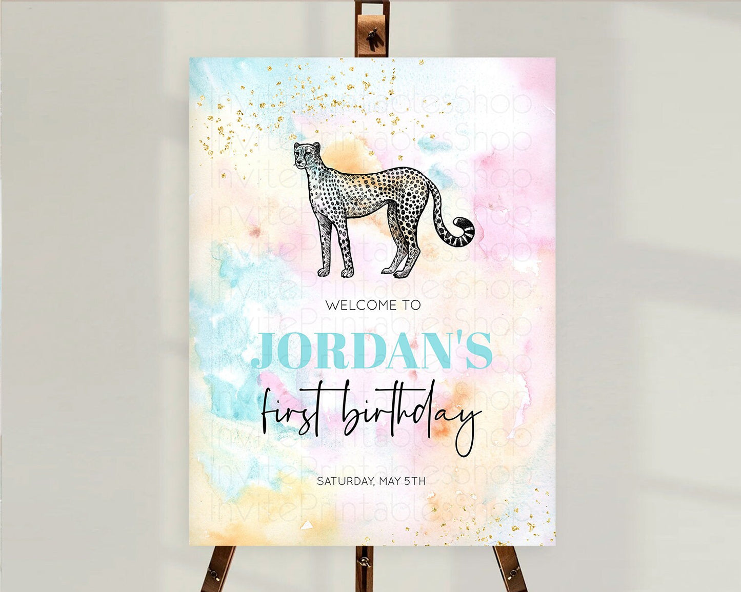 Pastel Cheetah Welcome Sign Rainbow Cheetah Welcome Board Colorful Rainbow Pastel Confetti Watercolor First Birthday Welcome Sign D10289