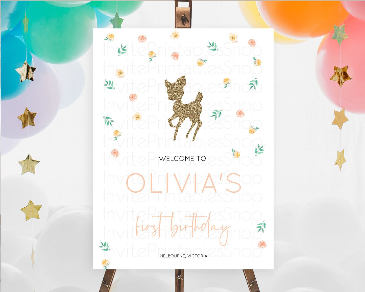 Fawn Welcome Sign Deer Welcome Board Floral Deer Welcome Poster Enchanted Forest Butterfly Pastel Floral First Birthday Welcome Sign D10355