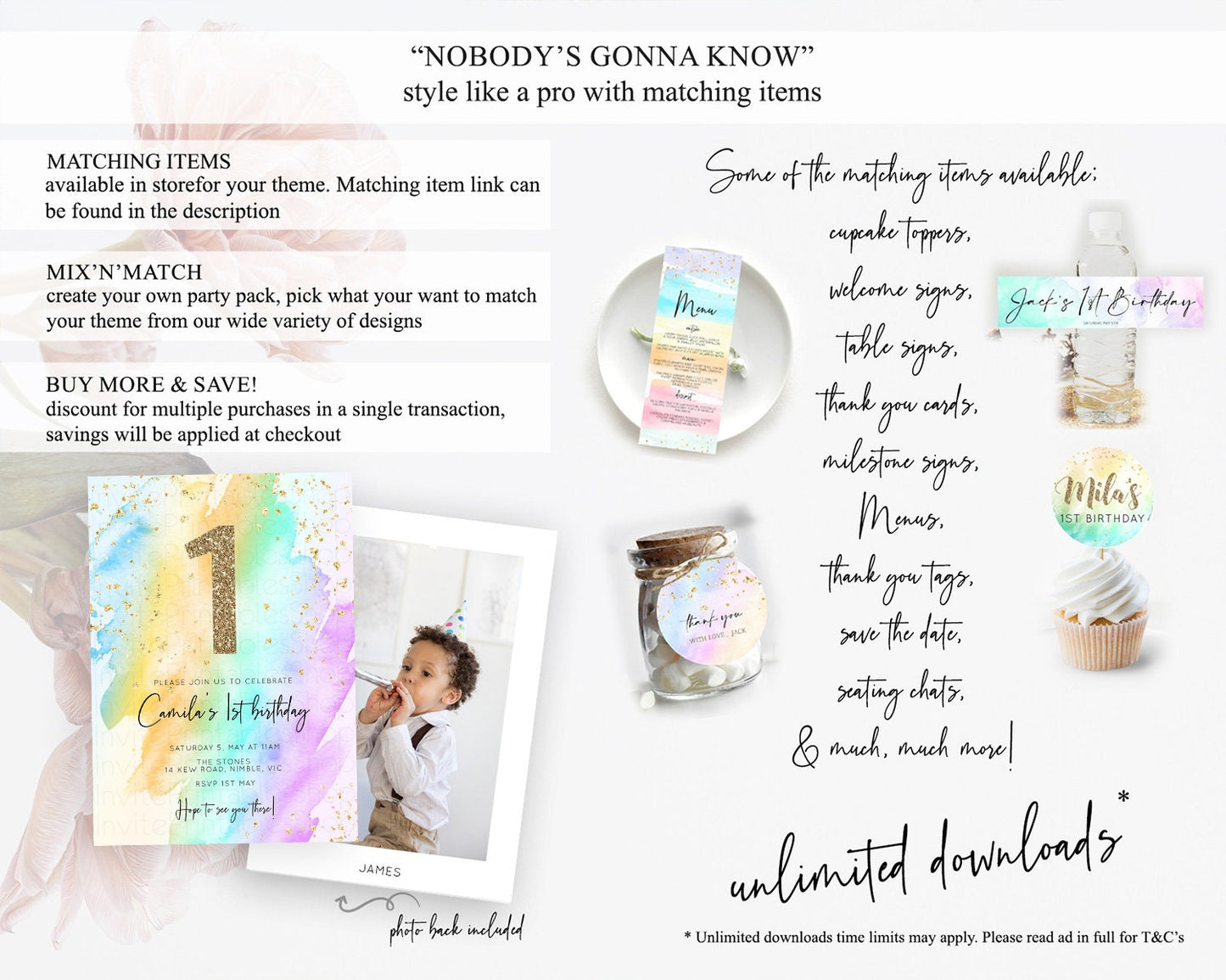 Rainbow Birthday Invitation Colorful Pastel Watercolor Invitation Gold Glitter Sprinkles Ombre Pastel 1st 2nd 3rd Birthday D10425