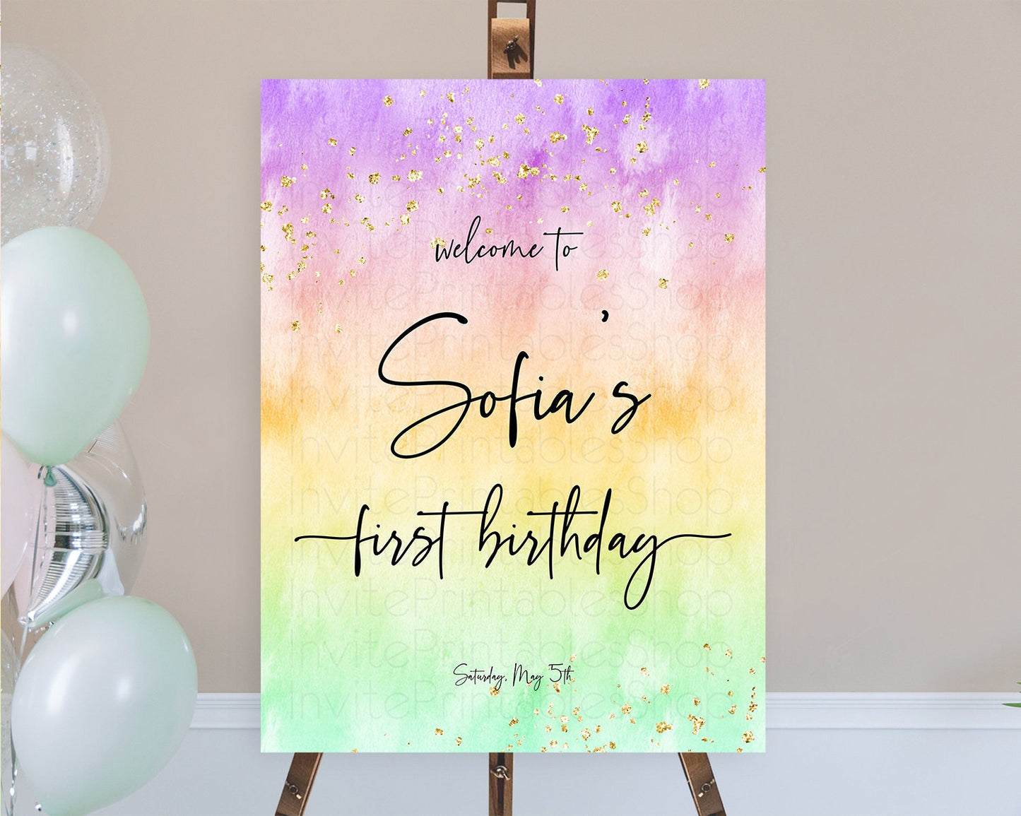 Pastel Welcome Sign Pastel Rainbow Welcome Sign Colorful Rainbow Confetti Watercolor Glitter Pastel First Birthday Welcome Sign D10514