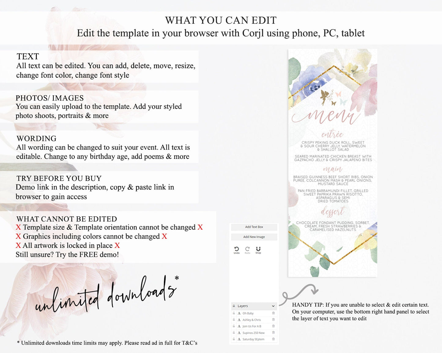 Fairy Menu Fairy Menu Template Enchanted Garden Pastel Floral Butterfly Table Decor Fairy Secret Garden Dinner Dessert Food Menu D10294