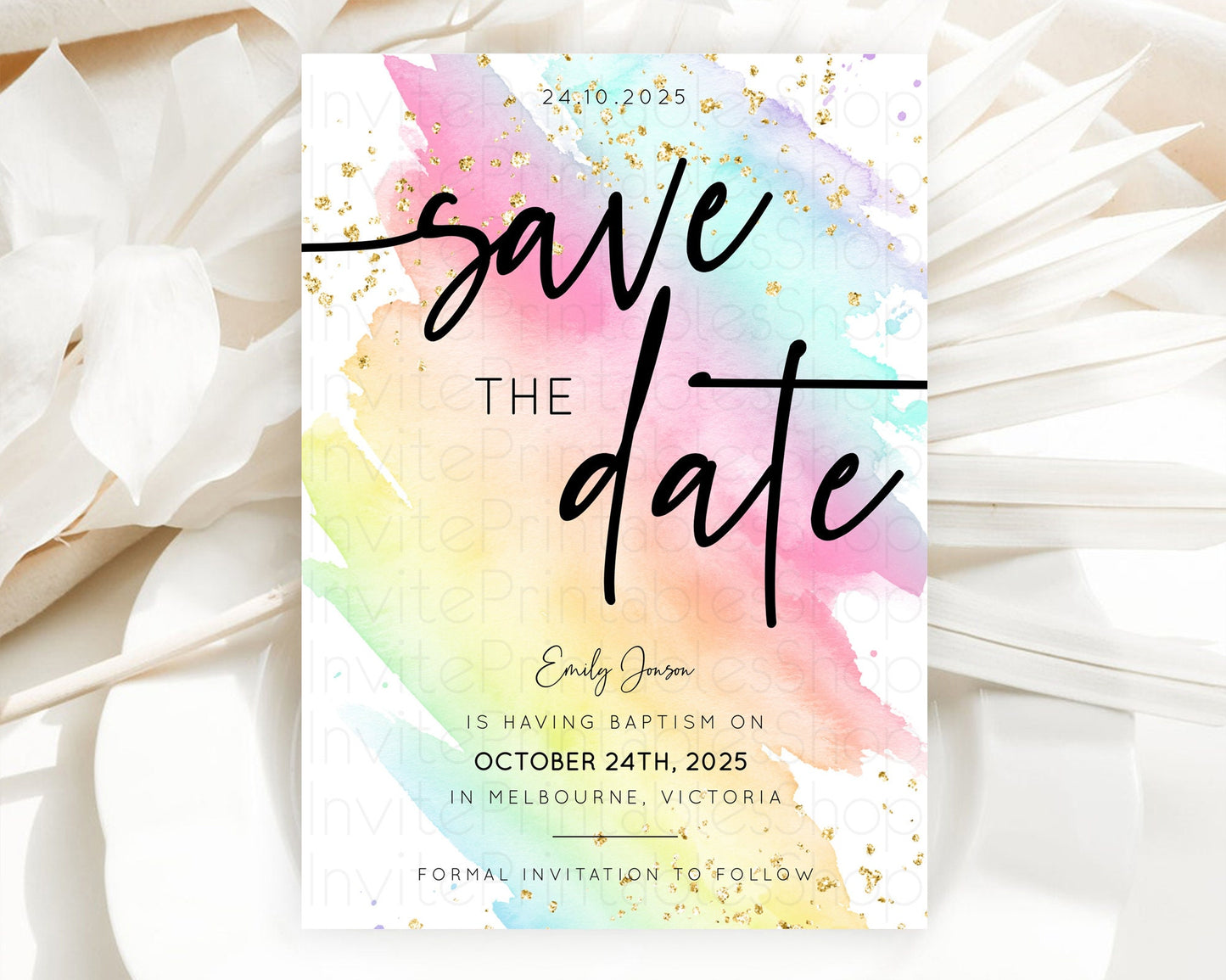 Pastel Save The Date Template Pastel Ombre Rainbow Watercolor Colorful Party For Birthday Baptism Baby Shower Wedding Bridal Shower D10495