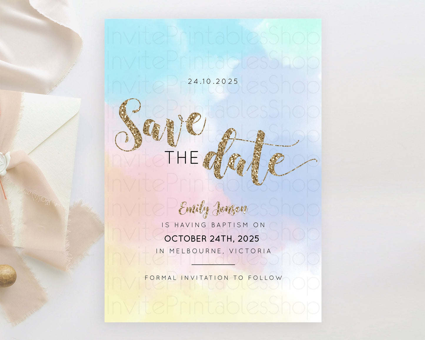 Pastel Save The Date Template Pastel Ombre Rainbow Watercolor Colorful Party For Birthday Baptism Baby Shower Wedding Bridal Shower D10378