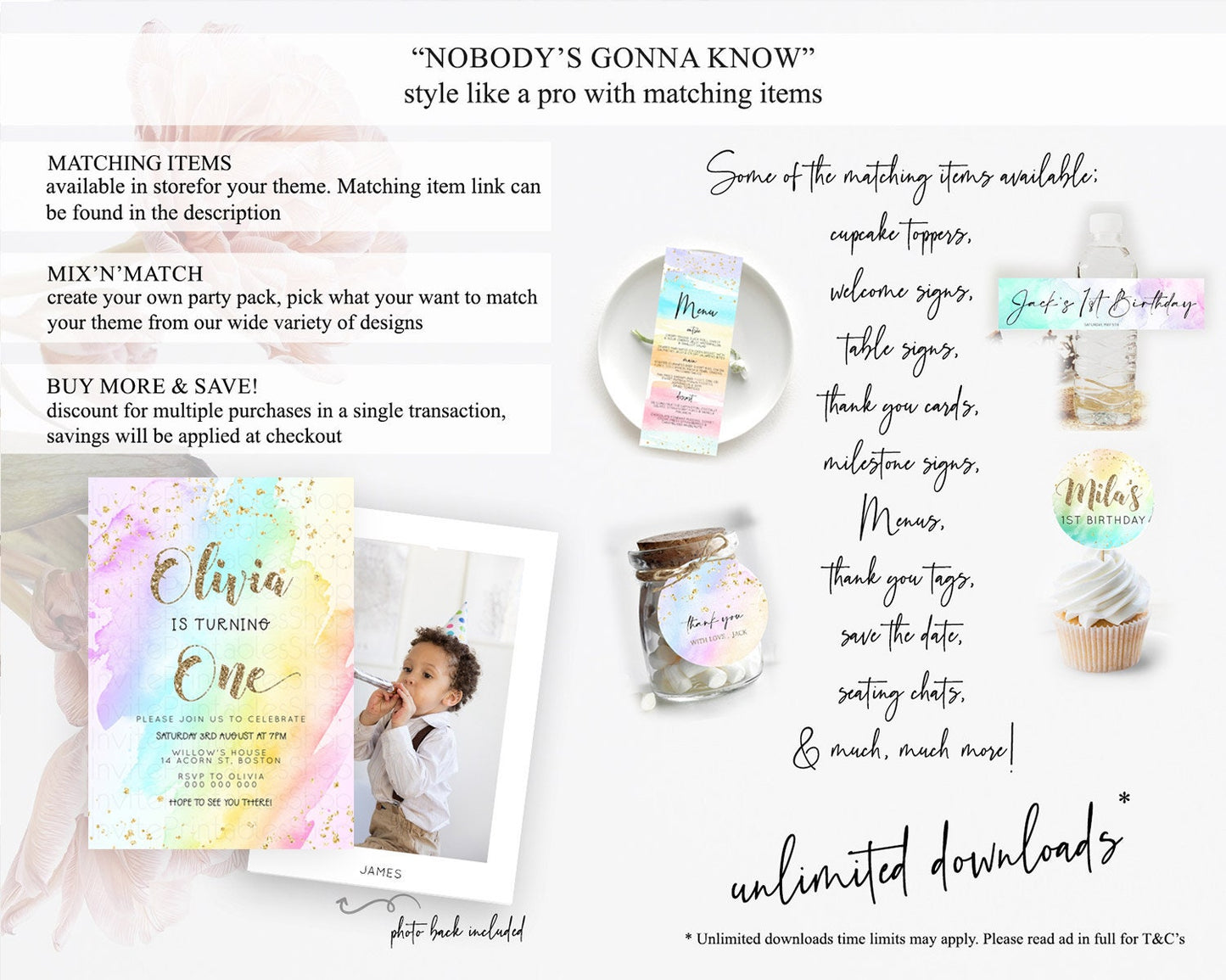 Rainbow Birthday Invitation Colorful Pastel Watercolor Invitation Gold Glitter Sprinkles Ombre Pastel 1st 2nd 3rd Birthday D23286